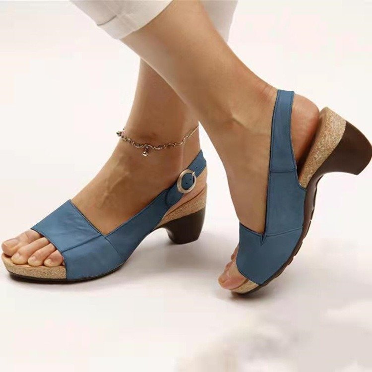Peep Toe Beach Chunky Heel Buckle High Heel Women's Sandals | ShopDecimals
