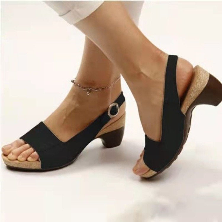 Peep Toe Beach Chunky Heel Buckle High Heel Women's Sandals | ShopDecimals