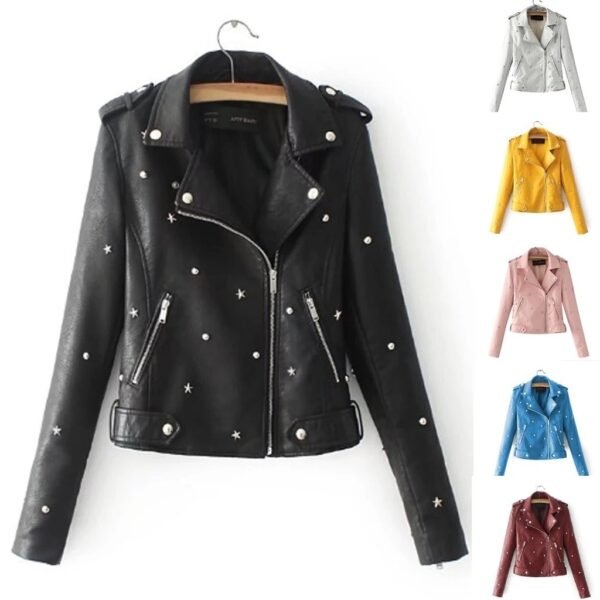 Women's leather jacket with rivet locomotive | VaquitaRepublic