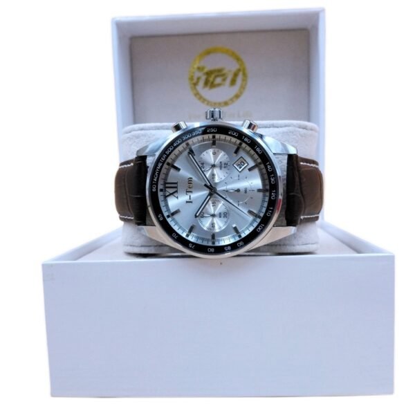 Time Sensor I-TW30A Chronograph Watch: White Dial, Brown Leather Strap, Scratch Resistant Sapphire Crystal- I-Tem Innovation by Temi | VaquitaRepublic