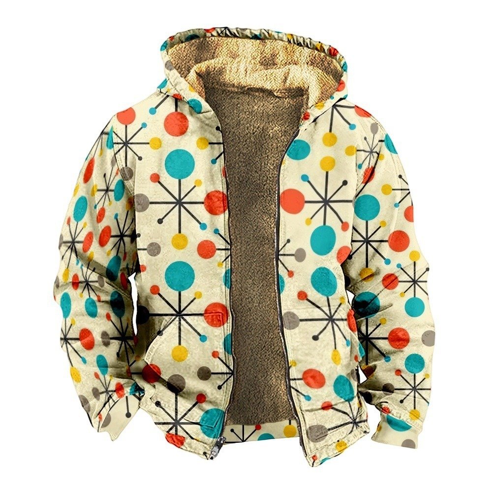 Retro Coconut Tree Element 3D Digital Printing Casual Loose-fitting Hoodie Zipped Cotton-padded Jacket Coat | VaquitaRepublic