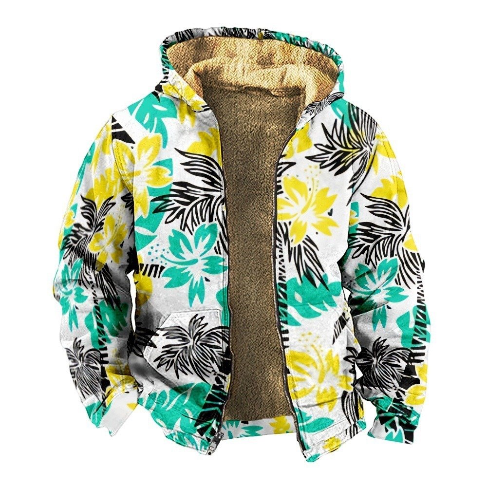 Retro Coconut Tree Element 3D Digital Printing Casual Loose-fitting Hoodie Zipped Cotton-padded Jacket Coat | VaquitaRepublic
