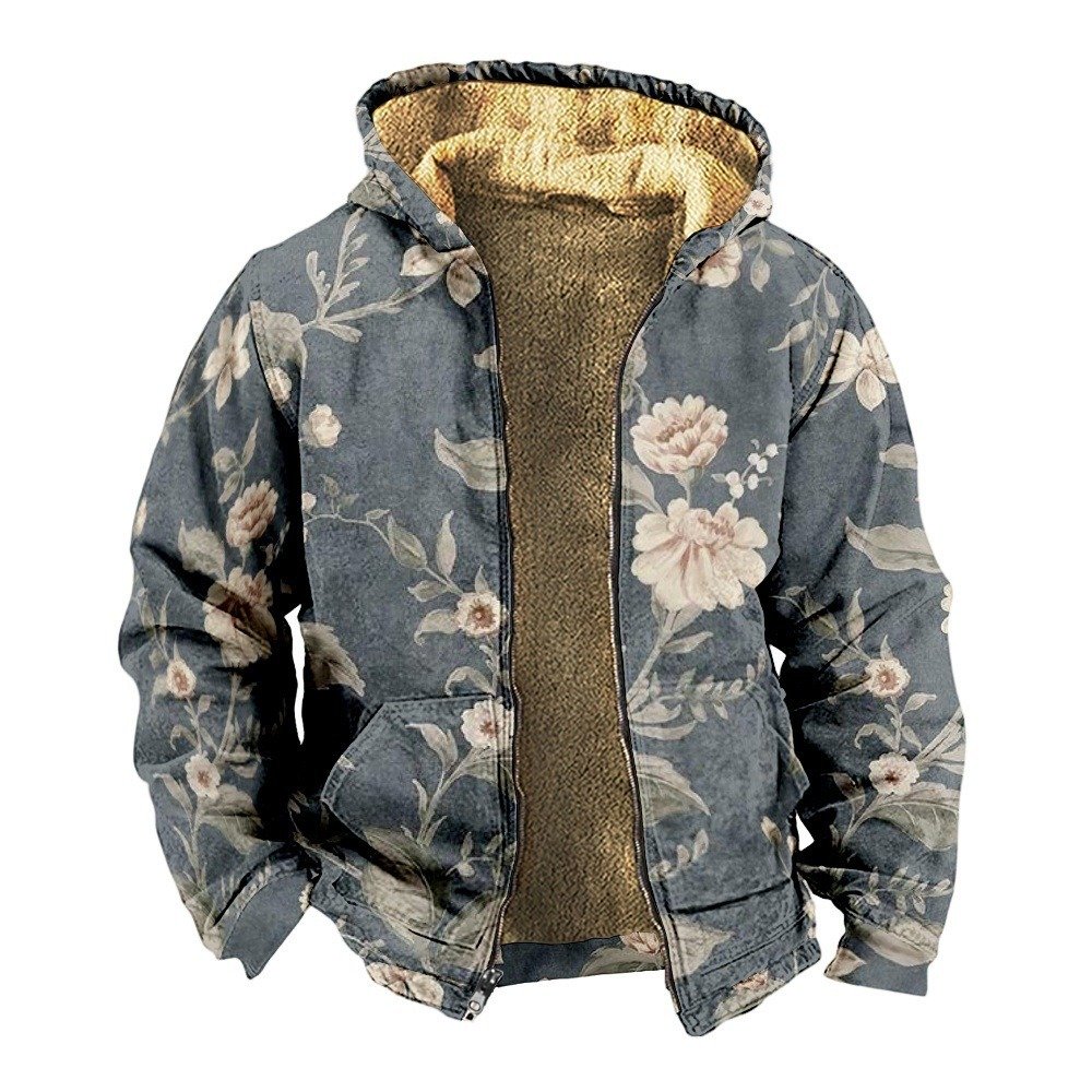 Retro Coconut Tree Element 3D Digital Printing Casual Loose-fitting Hoodie Zipped Cotton-padded Jacket Coat | VaquitaRepublic