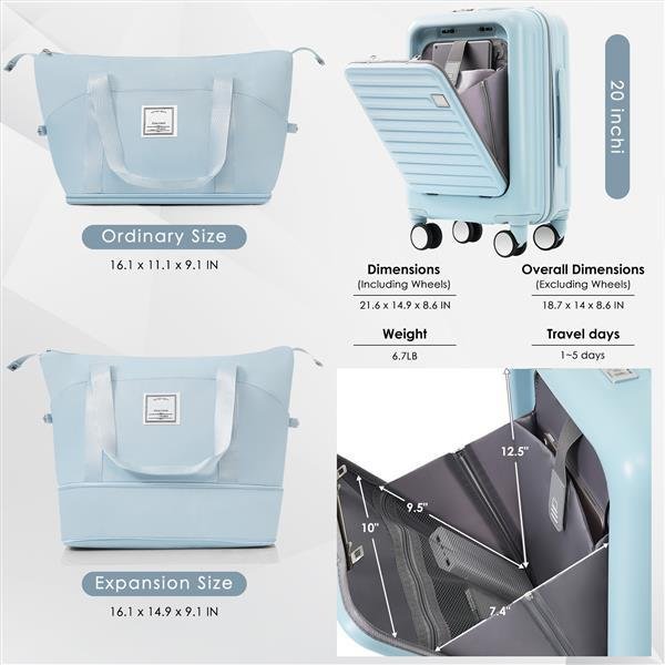 Front Opening 20 Inch Carry On Luggage With Expandable Travel Bag Set | VaquitaRepublic