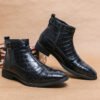 Men's Crocodile Pattern Boots Fashion Pointed Toe Low Square Heel Buckle Zipper Ankle Boots Business Formal Leather Shoes | VaquitaRepublic