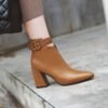 British Pointed Toe Belt Buckle Side Zipper Thick Heel High Heel Women's Boots | VaquitaRepublic